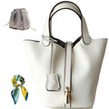 Genuine Leather Bucket Bag for Women: Lock Design Shoulder Handbag Versatile Top-Handle Tote Fashionable Vegetable Basket - color: White