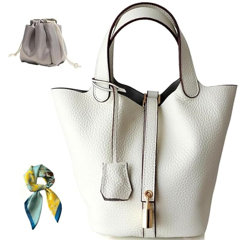 Genuine Leather Bucket Bag for Women: Lock Design Shoulder Handbag Versatile Top-Handle Tote Fashionable Vegetable Basket - color: White