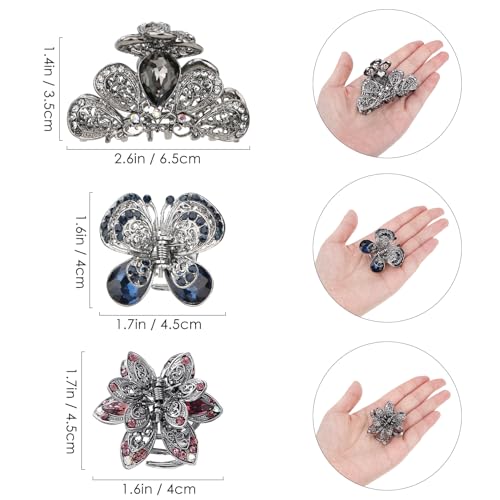 kilofly 3pc Vintage Crystal Hair Claw Clips Long Thick Hair Metal Clamps - color: 2 Small + 1 Medium