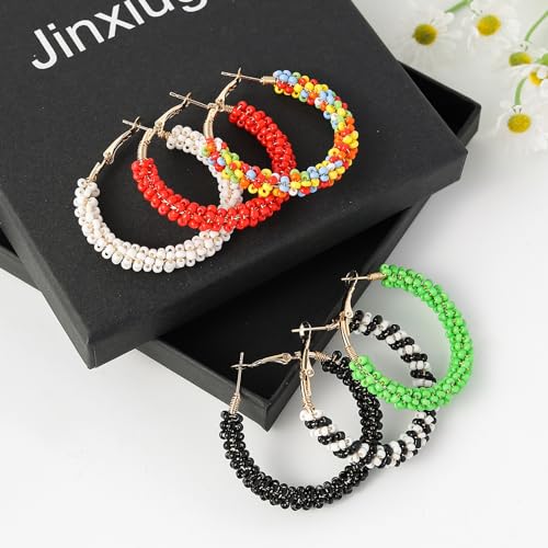 Jinxiuge 6 Pair Beaded Hoop Earrings Boho Flower Round Earrings Women's Handmade Earrings Set - style: Style-D