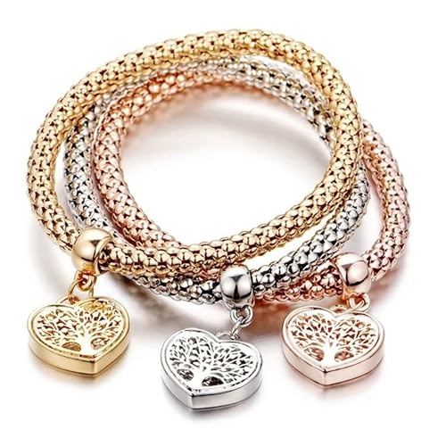 Aphrodite's Tree of Life Heart Edition Charm Bracelet with Austrian Crystals – Gold, Silver & Rose Gold Plated Popcorn Chain Bracelet Set for Women