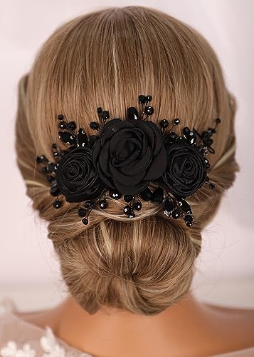 Kercisbeauty Sofe Chiffon Black Rose Flower Headband with Rhinestones Crystal Beads Women Girls Handmade Black Hair Jewelry Wedding Hair Piece