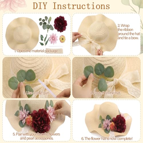 6 Sets DIY Tea Party Straw Hats Kit DIY Straw Hat for Women Blank Sun Hats - style: Vintage Peony