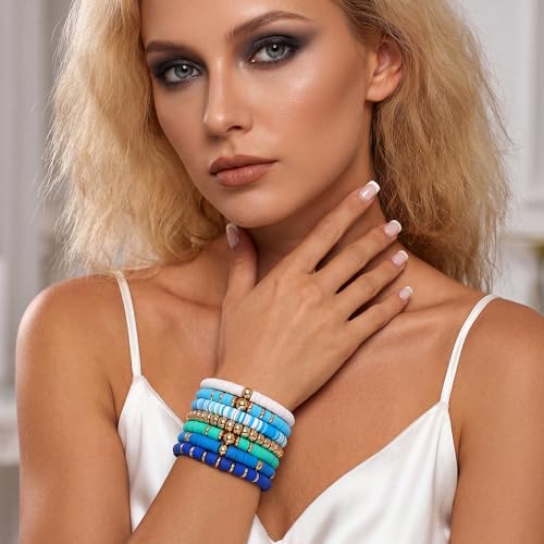 GOOJIDS Surfer Heishi Clay Bead Bracelets for Women Bohemian Stackable Gold Plated Beaded Stretch Bracelets Elastic Layering Friendship Bracelets Set Boho Jewelry - color: B-Blue New Set