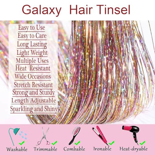 Celinebella Starry Pink Hair Tinsel Kit, 48" 2000 Strands Galaxy Fairy Hair | Dreamy galaxy starry pink shade, full tool kit included, heat resistant, perfect for wedding prom festival photography - color: 03-Galaxy Pink, size: 48 Inch Pack of 8 PCs