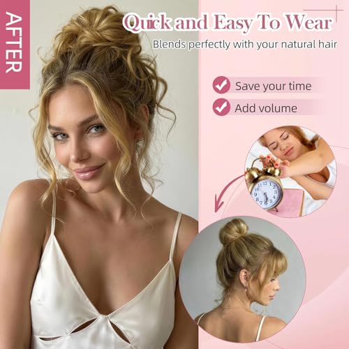 Real Human Hair Messy Bun Piece for Women Messy Buns Extension Scrunchie Updo Chignon Fullness Bun Extensions for Thin Hair Lightweight Daily Updos Hairpiece with Tendrils Golden Blonde - color: Golden Blonde