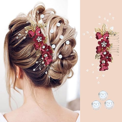 inSowni 20 Pack Classic White Dusty Pink Blue Flower Bridal Wedding Hair Side Combs+U-shaped Flower Hair Pins+Twist Spiral Pearl Hair Pins Pieces Headpieces Accessories for Brides Bridesmaids Women - color: Wine Red
