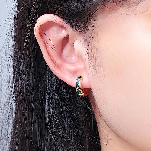 CiNily Huggie Earrings Opal Hinged Hoop Earrings Gold Plated Hypoallergenic Small Hoop Earrings for Women Teen Girls Men Sensitive Ears - color: Black Green