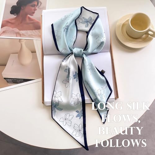 Sumolux Head Hair Scarf for Women Neck Purse Bag Handbags Scarf Like Silk - color: Blue White Flowers