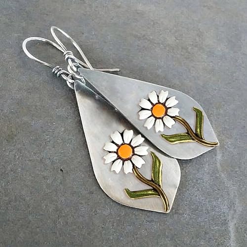 Boho Earrings, Statement Earrings, Teardrop Sunflower Earrings, Dangle Ethnic Earrings for Women, Handmade Bohemian Trendy Boho Vintage Jewelry - style: White Daisy