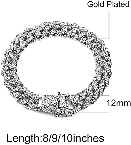 Apzzic Cuban Link Bracelet Iced Out Miami Gold Plated Hip Hop Full CZ Prong Diamond Bracelet with Giftbox Cuban Link Anklets for Men Women - color: Silver-Bracelet