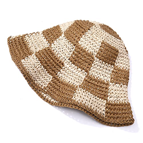 Sun Hats Checkerboard Straw Bucket Hat for Women Packable Crochet Wide Brim Floppy Beach Hats Traveling Summer Accessories - color: Beige