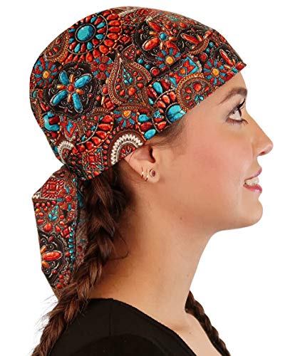 Sparkling EARTH - American Made Skull Caps Doo Rags Do Rag Durag Headwrap Head Wraps Skullies - Made in The USA! - color: Indian Jewelry Coral (Southwest Inspired)