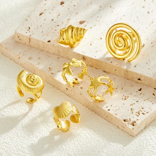 Yuoos 6PCS Gold Seashell Rings for Women Beach Surfer Swirl Conch Starfish Chunky Rings 18k Gold Dainty Seashell Heart Bow Stacking Rings Summer Jewelry for Women