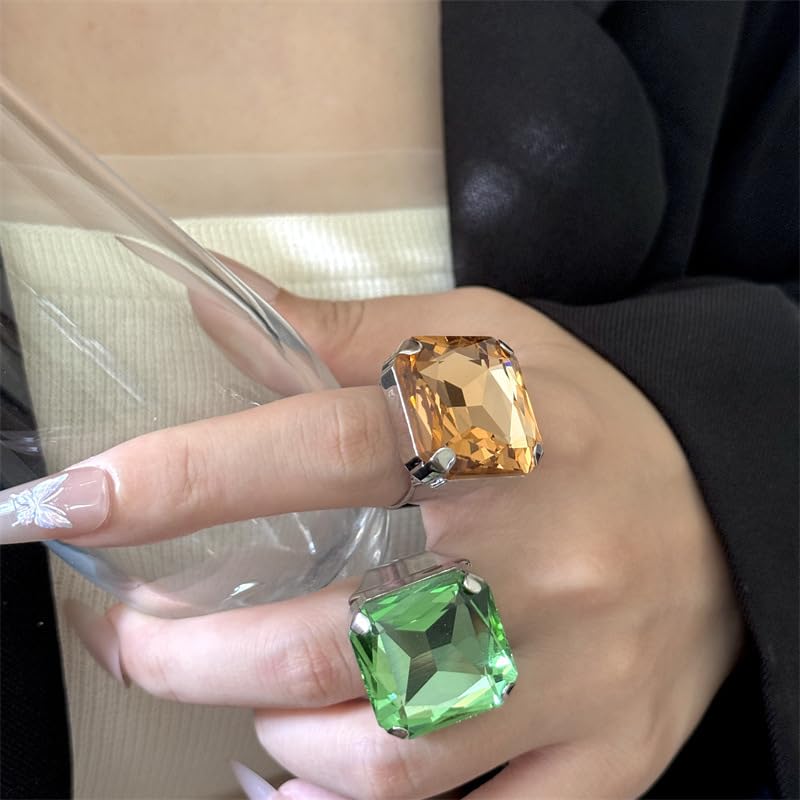 Square Large Rhinestone Exaggerated Statement Ring for Women Sparkling Thick Chunky Geometric Big Crystal Stone Finger Knuckle Band Rings Open Adjustable Wedding Brides Cocktail Prom Party Jewelry - color: Champagne
