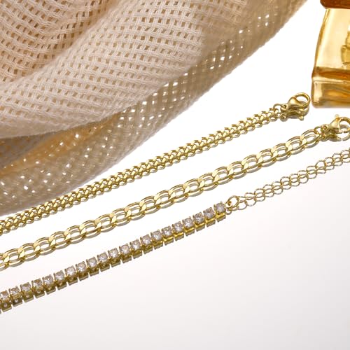 Gold Bracelets for Women, 14k Gold Plated Hand Chain Bracelet, 2 Pcs Ring Bracelets for Women Trendy Dainty Cubic Zirconia Bracelet Ring Bracelet Hand Jewelry Adjustable 6.3'+2' - style: CZ+cuban-1
