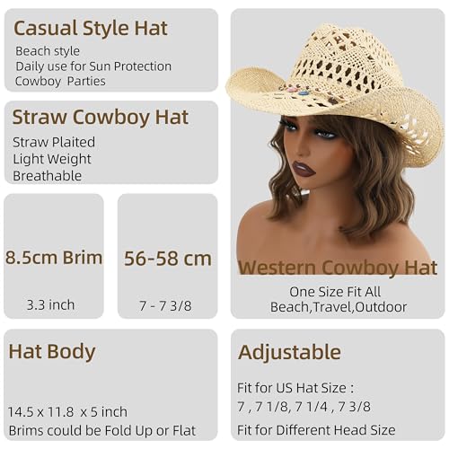 Straw Cowboy Hat, Western Cowgirl Hat, Wide Brim Sun Beach Hat for Men and Women - color: Beige-m25