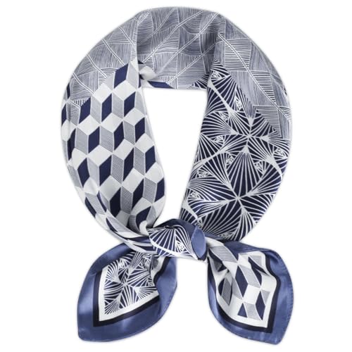 Relang Fashion Silk Satin Head Scarf for Women Hair Bandana Hair Scarf Wrap Neck Scarf for Women 27.5×27.5 inches - color: Blue Geometric Squares
