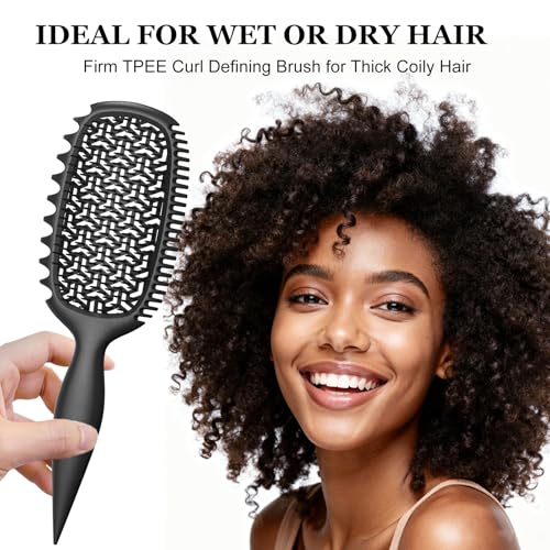 Curl Defining Brush for Thick Coily Hair, Firm-Bristle TPEE Detangling Brush for Coarse 4A–4C Curls, Dual-Sided Wide & Narrow Tooth Brush for Wet & Dry Curl Shaping– Women & Men (2054-Matte Black) - color: 2054-Matte Black