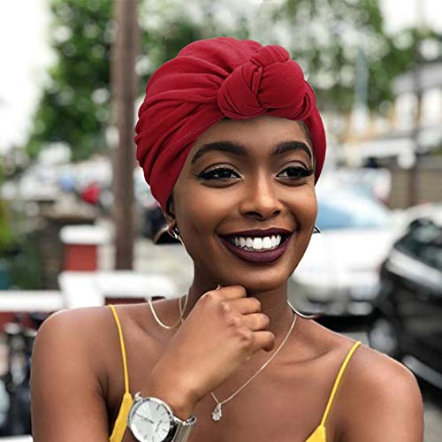 DRESHOW 5 Pack Knotted Headwraps for Women African Turban Pre-Knotted Beanie Headwraps Hair Covers - color: 5 Pack Knotted: Black, Russet, Mustarl, Teal, White