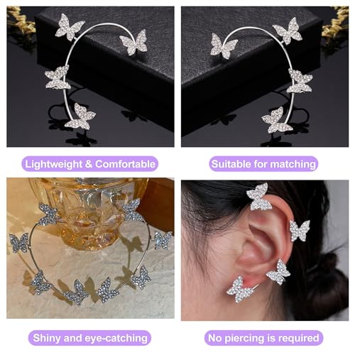 Rhinestone Butterfly Ear Cuffs for Women (1 Pair) Non-Pierced Elf Ear Wrap Clip-On Crawler Earrings for Weddings Special Occasions
