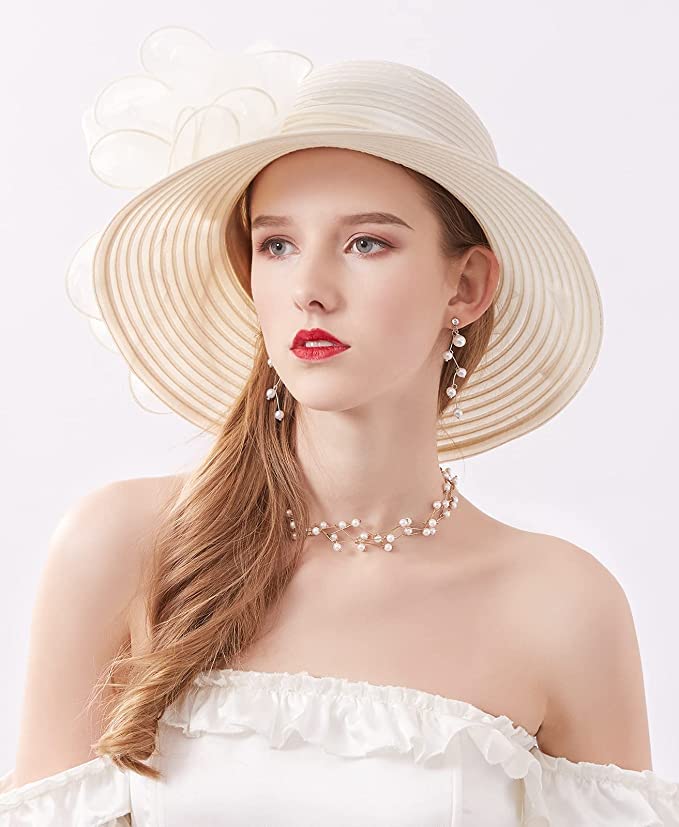 Women's Kentucky Derby Church Dress Hat Wide Brim Leaf Flower Bridal Shower Hat - color: 01 Cream