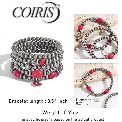 Coiris 5 Pcs Navajo Pearls Bracelet for Women Turquoise Boho Vintage Montana Western Bracelets Native American Jewelry - style: Red