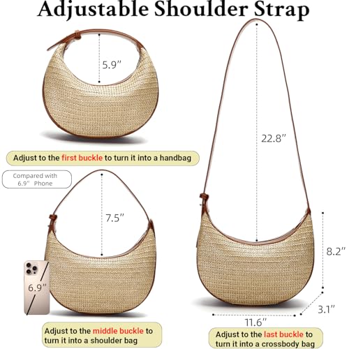 Herald Straw Crossbody Bag for Women Beach Woven Hobo Handbag Summer Chic Crescent Shoulder Purses with Adjustable Strap - color: Brown