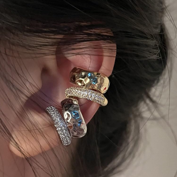 Gold Ear Cuff Earrings for Women Non Piercing 14K Gold Plated/Silver Cuff Clip On Cartilage Hoop Shining Cubic Zirconia Twisted Chain Ear Clip On Earring for Women Chunky Ear Cuffs Earrings - color: gold+silver