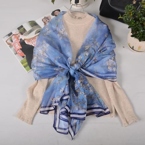 100% Mulberry Silk Women's Neck Silk Scarf-Lightweight Shawl,FLoral Print Beach Silk Wrap-Scarves for Photography - color: Smoky Blue