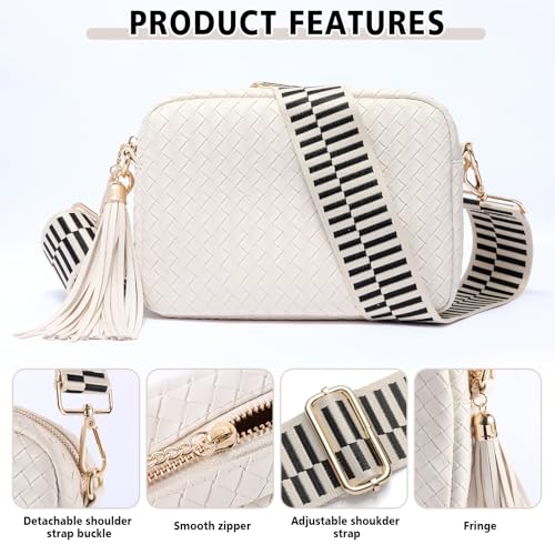Woven Crossbody Bag Small Crossbody Bags for Women Leather Purse Trendy Boho Shoulder Bag for Women - color: White