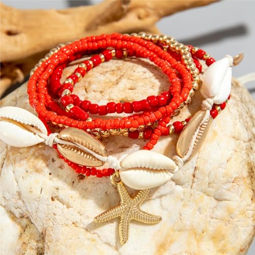 Pingyongchang Bohemian Stackable Shell Beaded Ankle Bracelets for Women Colorful Boho Multi-Layer Seashell Gold Starfish Adjustable Handmade Braid Bracelet Summer Beach Holiday Accessories Gifts - color: Red