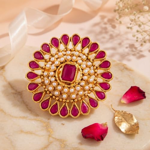 Efulgenz Indian Jewelry Rings for Women Antique Round Faux Pearl Crystal Bollywood Adjustable Big Finger Ring Fashion Party Statement Jewelry for Women - color: Dark Pink