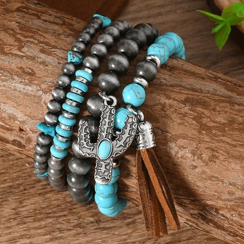 Long tiantian Western Turquoise Beaded Bracelet Set for Women Stackable Cowgirl Bracelets Boho Concho Jewelry Country Concert Rodeo Outfit Accessories Gifts - color: B1:western bracelets
