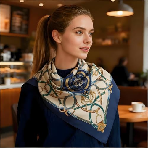 Premium Floral Scarf for Women 35x35 Square Silk Feel-Lightweight Scarves Headscarf Bandanas Wrapping Handbag - color: Golden Intertwined Chains
