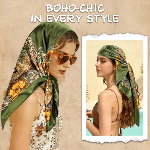 Large Square Head Scarf Bandana - 35" Satin Hair Scarf for Women Like Silk Scarf Fashion Hair Wrapping - color: Paisley(green), size: 35IN*35IN