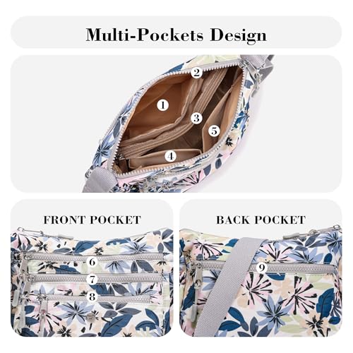 AOCINA Crossbody Bags for Women Multi Pocket Nylon Lightweight Ladies Purses Messenger Shoulder Handbags Satchel Travel Bag - color: Gray Leaves, size: Small