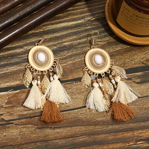 Bohemian Silk Tassels Statement Earrings Vintage Lightweight Gold Leaf Geometric Handmade Beads Drop Dangle Earring Ethnic Style Trendy Jewelry Accessories for Women - color: Beige