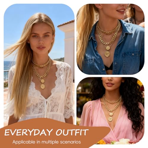 Gold Necklace Stack, Gold Plated and Silver Chunky Layered Necklaces for Women Exquisite Vintage Stackable Coins Medal Star Diamond Pearl Pendant Women's Jewelry (Gold/Silver) - color: Gold 1 PCS