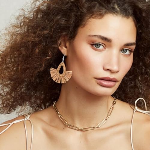 Boho Summer Beach Earrings for Women Lightweight Straw Wicker Earring Statement Raffia Fan Round Tassel Dangle Drop Earrings Hawaii Jewelry - style: Brown Teardrop