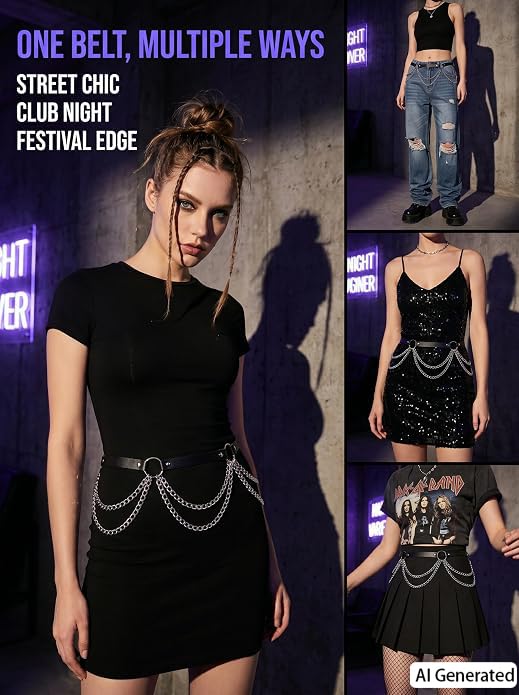 Punk Leather Belly Waist Chain Belt,Punk Sexy Gothic Jewelry Accessories Waist Chain Goth Belt Silver Layered Body Chains - style: Two ring waist chain