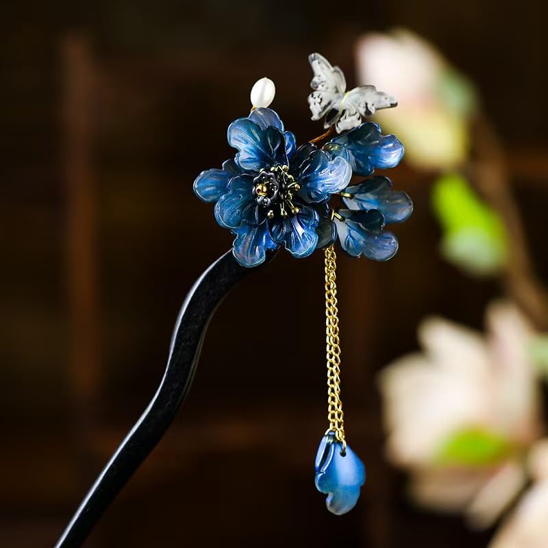 Blue Resin Plum Blossom Hairpin with Wooden Stick & Elegant Tassel - Chinese Hanfu Vintage Hair Accessory for Women, Symbolic Floral Hair Stick (Blue Plum Blossom) - color: Blue Plum Blossom