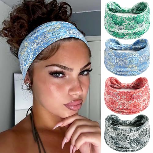 Boho Headbands Floral Wide Hair Bands Stretchy Head Wraps African Turban Headband Knotted Bandana Fashion Hair Scarf Soft Swearbands For Women Girls Yoga Running Spa Workout - color: Style 81