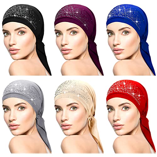 Geyoga 6 Pack Rhinestone Head Scarf for Women, Sequin Pre Tied Head Wraps, Stretchy Turban Cap for Hair Loss & Daily Wear(Classic Style) - style: Classic