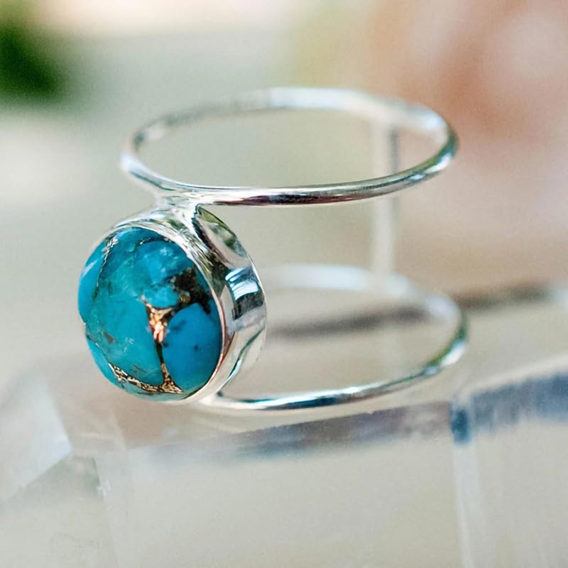 14K Gold Plated Statement Ring for Women Simulated Blue Turquoise Boho Simple Minimalist Jewelry 925 Silver Plated Gem Women's Ring Bohemian Jewelry Handmade Simple Ring S-7# - color: silver, size: 7#