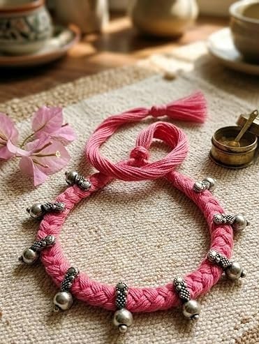 athizay Boho Charm Thread Choker Necklace – Braided Bohemian Choker with Oxidized Silver Dangle Charms | Handmade Boho Jewelry for Women - color: Soft Pink, Silver