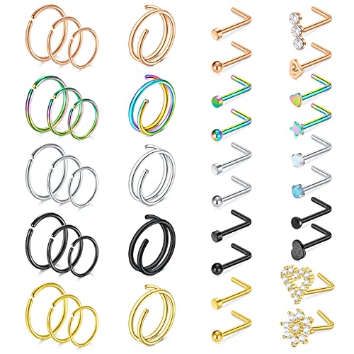 Mayhoop 20g Nose Rings Hoops And Studs For Women Men - Hypoallergenic 316L Surgical Stainless Steel L Shape Nose Screw Bone Silver Rose Gold Black Rainbow Pack 28Pcs - color: Mix B