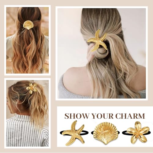3PCS Gold Hair Ties, Metal Hair Ties for Thick Hair, Elegant Durable Geometric Design, Gold Hair Accessories Stretchy and Non-Damage Ponytail Holders, Ocean Pattern 3 Style Starfish Shell Flower - color: Gold Set 02