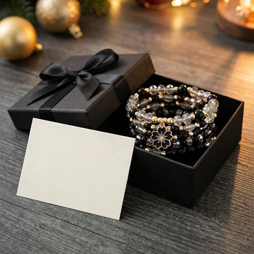 LOTSOF Boho Flower Beaded Bracelet Set for Women - Multilayer Crystal & Flower Charm Stackable Bracelets, Fashion Jewelry Gift for Her - color: Black