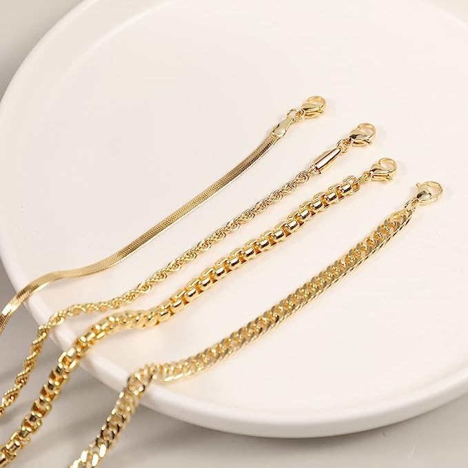 VIROMY Gold Bracelet Sets for Women 14K Gold Plated Stackable Dainty Chain Women’s Bracelet Layered Link Bracelet Set Gold Jewelry for Women - style: 4Layered Cuba-GD